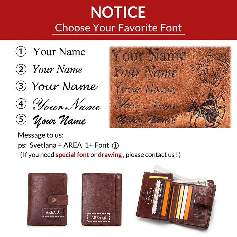 100% Genuine Leather Men Wallets Zipper Engraving Coin Purse Short Male Money Bag Quality Rfid Walet Small Card Holder Clutch