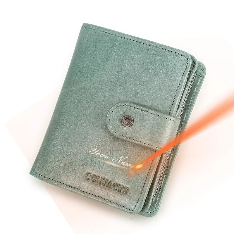 100% Genuine Leather Men Wallets Zipper Engraving Coin Purse Short Male Money Bag Quality Rfid Walet Small Card Holder Clutch
