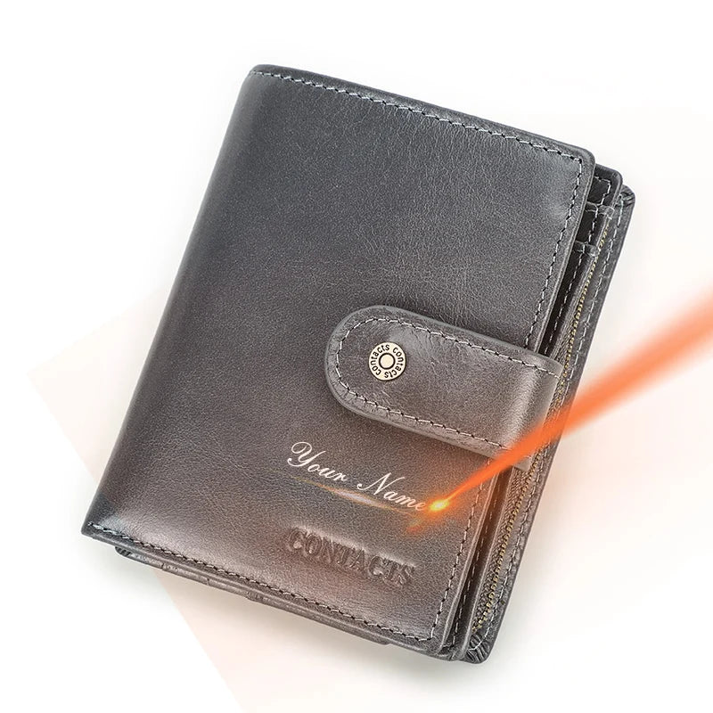100% Genuine Leather Men Wallets Zipper Engraving Coin Purse Short Male Money Bag Quality Rfid Walet Small Card Holder Clutch